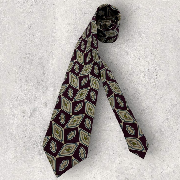 CHRISTIAN DIOR Burgundy/Beige Geometric Art Silk LUXURY Tie ITALY - Picture 1 of 5